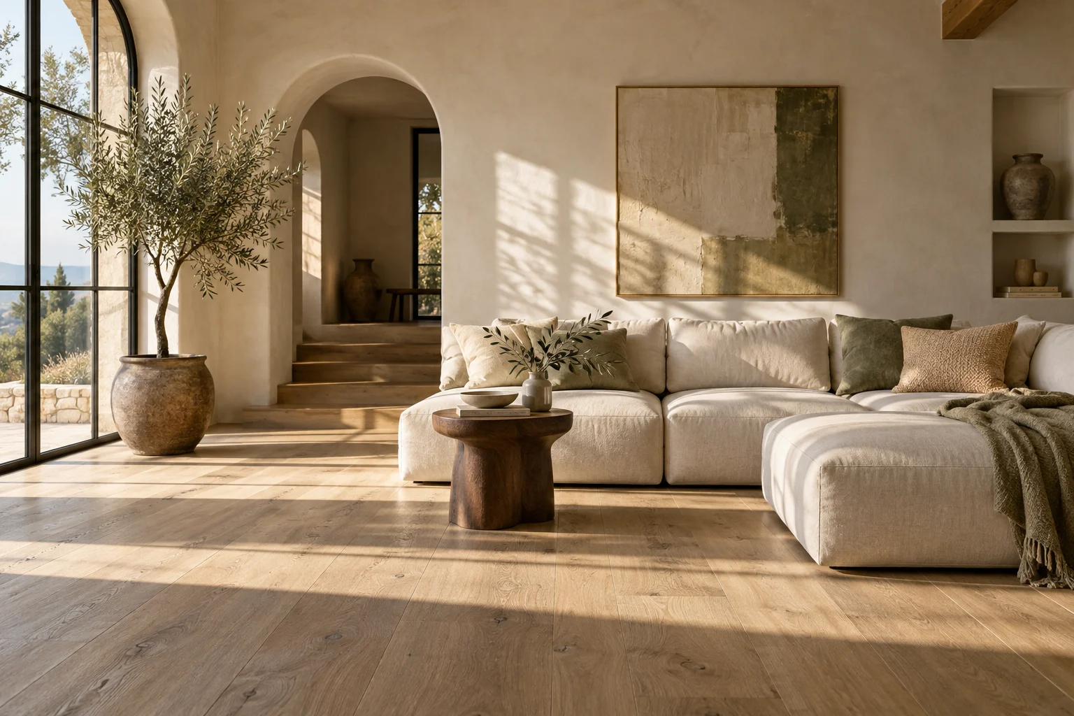 Sunlit living room with natural oak floors and a cream linen sofa